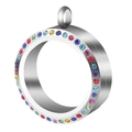 Pendentif médaillon en acier inoxydable argenté avec cristaux multicolores et fini poli - Zircone Multicolore (Couleur Acier) / 30MM