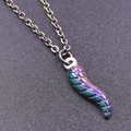 Macro detail of 18K stainless steel colorful rainbow chili pendant with wing texture surface - Rainbow Color Necklace