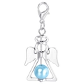 Detailed view of angel wing pendant with light blue pearl inlay and lobster clasp - Blue