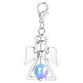 Close-up of silver angel wing pendant with iridescent pearl bead and lobster clasp detail - Colorful