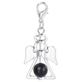 Close-up of silver angel wing charm with a black bead and a secure lobster clasp - Black