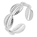 Close-up of silver adjustable open ring with textured shell-like ribbed relief patterns - Silver