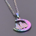 Rainbow plated stainless steel crescent moon necklace with forest tree silhouette - Colorful Necklace Set