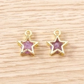 Detail of star-shaped purple charms with gold metal frames for DIY jewelry making - 5 Pieces / Gold Purple