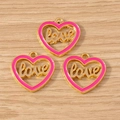 Close-up of three pink heart charms with golden Love lettering for DIY jewelry making - LOVE Heart Style / 10 Pieces Pack / Rose Red