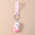 Cute cartoon 3D white bunny on pink bird keychain with translucent pink wrist strap - Cute Animal Style