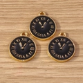 Three vintage round clock charms with gold roman numerals and black enamel for DIY jewelry - 10 Pieces Pack / Black