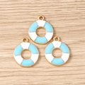 Detail of light blue and white lifebuoy charms with gold trim for DIY jewelry making - Blue Lifebuoy