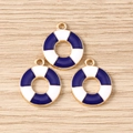 Three nautical lifebuoy enamel pendants in blue and white with gold hanging loops - Dark Blue Lifebuoy