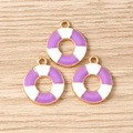 Three purple and white lifebuoy charms with gold metal edges for DIY jewelry making - Purple Lifebuoy
