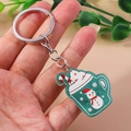 Detail of Christmas hot drink keychain with snowman and candy cane on hand - Hot Drink Snowman Cup