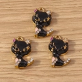 DIY black and gold cat pendants with colorful enamel and white rhinestones for jewelry - 10 Pieces Pack / Black Cat