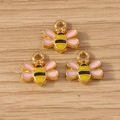 Three cute bee alloy pendants with pink wings and gold frame for DIY jewelry making - 10 Pieces Pack / Pink Bee