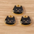 Three pieces of black enamel cat head charms with gold metal outlines for DIY jewelry - 10 Pieces Pack / Black Cat Head