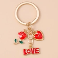 Modischer goldener Schlüsselanhänger mit roter Rose Herz und Love für Valentinstag - Herz Love Rose