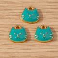 Three cat-shaped gold alloy pendants with teal enamel for DIY jewelry making - 10 Pieces Pack / Blue Cat