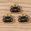 Three DIY black cat animal charms with golden alloy edges and pink details - 10 Pieces Pack / Black Cute Cat Head