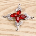 Detail of red flower jewelry connector with crystal petals and silver pave leaves - Red