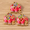 Three pink enamel elephant pendants with colorful rhinestones for DIY jewelry making - 10 Pieces Pack / Rose Red Elephant