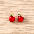 Detail of red enamel apple charms with green leaves and gold metal rings for DIY jewelry - 5 Pieces / Cherry