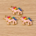 Pink unicorn enamel pendants with rainbow hair and gold plating for DIY jewelry - 10 Pieces Pack / Pink Unicorn
