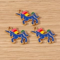 Three deep blue enamel unicorn charms with colorful mane and gold trim for DIY jewelry - 10 Pieces Pack / Blue Unicorn