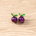 Detailed macro view of two realistic pomegranate charms with purple enamel and green leaves - 5 Pieces / Purple Carrot