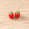 Detailed macro view of two red strawberry charms with gold hooks for DIY jewelry making - 5 Pieces / Strawberry
