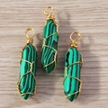 Three bullet hex column wire wrapped green malachite stone pendants with golden metal wire - 5 Pieces / Gold Green