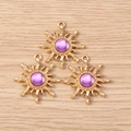 Golden sun-shaped pendant charms with purple rhinestones for DIY jewelry making - 10 Pieces Pack / Purple