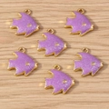 Set of 6 purple fish charms with gold trim and glitter enamel for DIY jewelry making - 10 Pieces Pack / Goldfish
