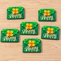 Detail of green Saint Patrick's Day envelope charms with shamrock and Happy text - 10 Pieces Pack / Shamrock Envelope