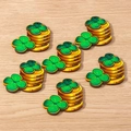 Close-up of Saint Patrick's Day shamrock and gold coin charms with pre-drilled holes - 10 Pieces Pack / Coin Clover
