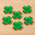Detailed view of six green wooden clover pendants with yellow edges for DIY craft projects - 10 Pieces Pack / Four-Leaf Clover