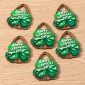 Flat lay of 6 wooden St. Patrick's Day charms featuring clovers and green glasses - 10 Pieces Pack / Glasses Teardrop