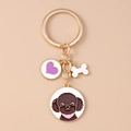 Détail d'un porte-clés doré pour chien avec pendentifs de nounours, cœur et petit os - Chien Teddy Brun