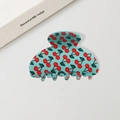 Pinza para el pelo de resina verde azulado con estampado de cerezas rojas - 7cm / Verde