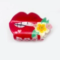 Red acrylic lip-shaped hair claw with floral accents and heart patterns for women - Style F (7.7cm)