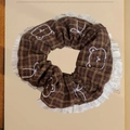 Brown plaid scrunchie with white lace edges and cute embroidered bear pattern - Checkered Style with Lace Edge Bear Embroidery / Plaid Scrunchie