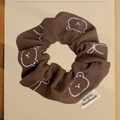 Brown checkered scrunchie with embroidered bear and handmade label hair accessory - Dark Coffee Embroidered Bow Style / Coffee Plaid Scrunchie