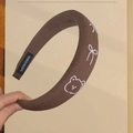 Brown padded sponge headband with embroidered bear pattern and handmade label tag - Coffee Bear Headband