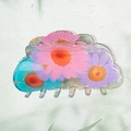 Floral print PVC hair claw clip with pink and blue blossoms for women's hairstyles - Style D / 8.3cm