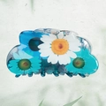 Blue translucent floral hair claw clip with white daisy print for women - Style E / 8.3cm