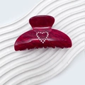 Deep red marble acrylic hair claw clip with sparkling rhinestone heart decoration - 8cm / Red