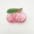 Pink cherry shaped hair claw clip with pearlescent marble texture and green leaves - Cherry Pink