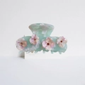 Mint green marble hair claw clip with pink flowers and orange rhinestones - Ice Crystal Blue (7.5cm)
