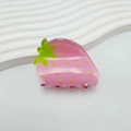 Pink translucent strawberry hair claw clip with fine glitter and green leaf detail - Pink Strawberry 4.8CM