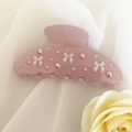 Pinza para el pelo rosa de acetato con lazo blanco y detalles de perlas y strass - Estilo de Lazo Grande (10cm)