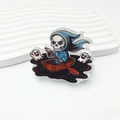 Cartoon grim reaper rowing a boat acrylic pin with white ghosts for Halloween decor - Boating Ghost