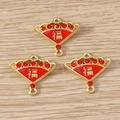 Trois pendentifs en forme d'éventail chinois avec émail rouge, caractère Fu et strass - Lot de 10 / Éventail de Caractère Fu